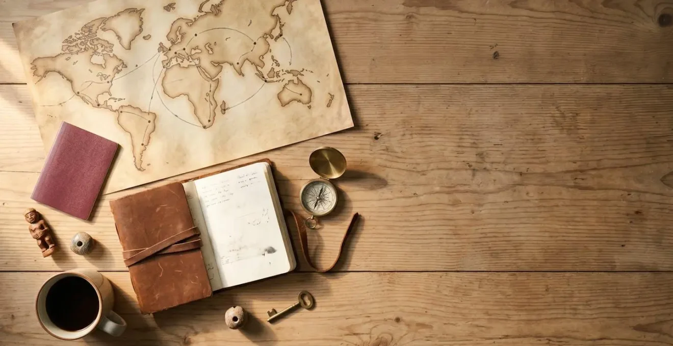 Voyageur planifiant un itinéraire personnalisé sur une carte du monde avec des notes et des objets de voyage