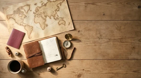 Voyageur planifiant un itinéraire personnalisé sur une carte du monde avec des notes et des objets de voyage