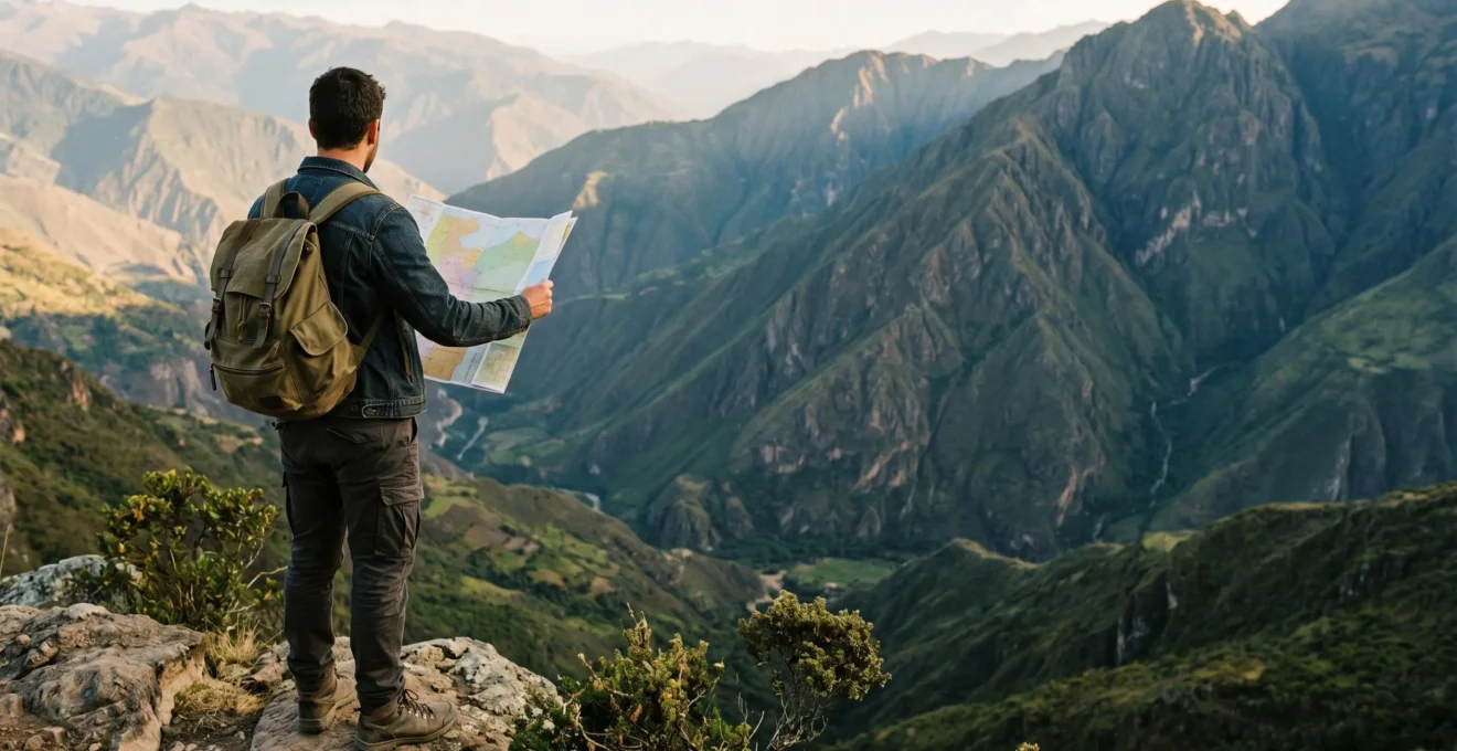 Voyageur contemplant une carte de l'Amérique du Sud avec des paysages emblématiques en arrière-plan
