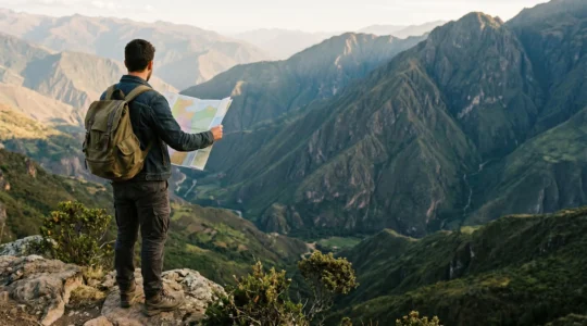 Voyageur contemplant une carte de l'Amérique du Sud avec des paysages emblématiques en arrière-plan