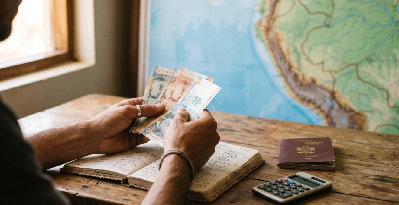 Voyageur planifiant son budget pour le Pérou avec carnet et monnaie locale
