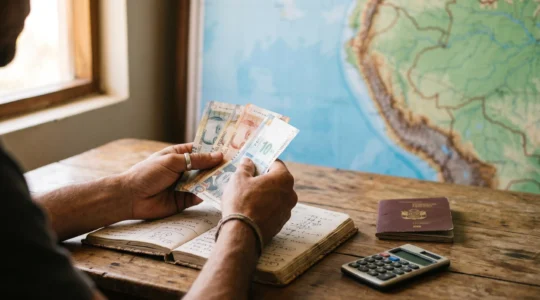 Voyageur planifiant son budget pour le Pérou avec carnet et monnaie locale